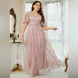 SHEIN Belle Plus Floral Embroidered Flutter Sleeve Overlap Collar Mesh Dress